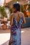 Purple Color Gold Detailed Front Back V Neck Ruffle Detailed Silk Dress - 7