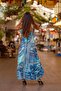 Turquoise Color Gold Detailed Front Back V Neck Ruffle Detailed Silk Dress - 4