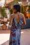 Purple Color Gold Detailed Front Back V Neck Ruffle Detailed Silk Dress - 3