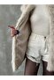 Women's Beige Pocket and Lining Detailed Collar Hooked Long Fur Vest - Plus Size - 5