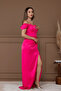 Satin Draped Off-Shoulder Long Evening Dress - Fuchsia - 6