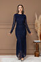 Tulle Ruched Detail Pencil Long Dress - Dark Blue