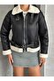 Crop Beige Plush Collar Black Leather Jacket - 4