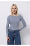 Slim Fit Round Neck Plain Women's Blue Long Sleeve T-Shirt