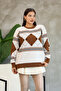 Round Crew Neck Long Sleeve Loose Comfortable Fit Square Diamond Pattern Jacquard Winter Knitwear Sweater - 7