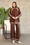 Stand-Up Round Neck Long Sleeve Stripe Sweater Elastic Waist Straight Leg Pants Soft Knitwear Two-Piece Set