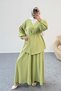 Double Set with Gathered Balloon Sleeves, Belt Detail Blouse and Wide Leg Pants 8882 - Green - 2