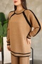 Stand-Up Round Neck Long Sleeve Stripe Sweater Elastic Waist Straight Leg Pants Soft Knitwear Two-Piece Set - 6