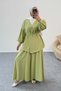 Double Set with Gathered Balloon Sleeves, Belt Detail Blouse and Wide Leg Pants 8882 - Green - 3