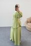 Double Set with Gathered Balloon Sleeves, Belt Detail Blouse and Wide Leg Pants 8882 - Green - 4