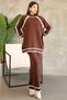 Stand-Up Round Neck Long Sleeve Stripe Sweater Elastic Waist Straight Leg Pants Soft Knitwear Two-Piece Set - 4