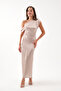 Women's Beige Degaje Collar Patterned Midi Dress - 2