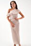 Women's Beige Degaje Collar Patterned Midi Dress - 3