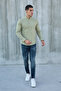 Khaki-Haki̇m Collar Half Pat Lycra Linen Texture Cotton Slim Fit Men's Shirt - 5