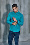 Petrol Green Judgment Collar Half Pat Lycra Linen Texture Cotton Slim Fit Men's Shirt - 5