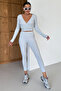 Women's Gray V-Neck Double Breasted Crop Leggings Bottom-Top Interlock Suit