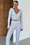 Women's Gray V-Neck Double Breasted Crop Leggings Bottom-Top Interlock Suit - 6