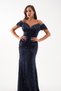 Women's Navy Blue Slim Fit Boat Neck Short Sleeve Sequined Long Evening Dress - 4
