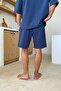 Elastic Waist Linen Shorts Navy Blue - 2