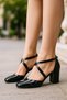 Casual Women's Classic Heeled Ankle Strap Thick Heeled Oval Toe Cross Strap Evening Dress Shoes 1