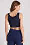 Women's Slim Fit Narrow Strap Square Neck Navy Blue Crop - 7