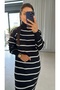 Women's Striped Long Sleeve Turtleneck Turtleneck Knitwear Dress - Black