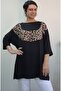 Black Boat Neck Front Robe Leopard Trim Bat Three-Quarter Sleeve Loose Combed Cotton Viscose T-Shirt - 8
