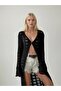 Women's Black Buttoned Openwork Spanish Sleeve Long Knitwear Cardigan - 3