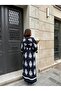 Women's Navy Blue Slit Detailed Bat Sleeve Double Breasted Collar Long Summer Dress - 3