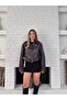 Women's Patterned Belt Detailed Zippered Oversized Leather Biker Jacket