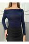 New Arrival Women's Navy Blue Off Shoulder Shirring Detail Viscose Fabric Long Sleeve Blouse 0024 - 4