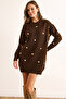 Women's Brown Color Pompom Soft Textured Tunic Dress Elb-19001979