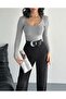 Women's Gray U-Neck Long Sleeve Blouse - 2