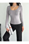 Women's Gray U-Neck Long Sleeve Blouse - 5