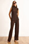 Women's Brown Asymmetrical Blouse Bottom Top Textured Set Tkm-19000426