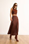 Women's Brown Hidden Zipper Satin Flowy Midi Skirt Etk-19000350 - 5