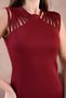 Women's Burgundy Flexible Scuba Fabric Pencil Cut Midi Dress with Piping and Slit Detail 2387 - 2