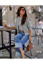 Women's Braided Patterned Matching Blouse and Buttoned Cardigan Two-Piece Set Light Gray - 4