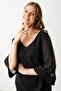 Tulle Beaded Midi Dress with Sleeves Black - 2