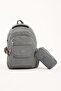 Set of 2 Premium Waterproof Crinkle Fabric High School and Middle School Backpack + Pen Holder, Gray +1