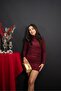 Turtleneck Draped Silvery Burgundy Dress - 2