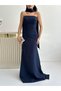 Navy Blue Strapless Evening Dress with Shawl Collar Detail - 5