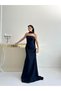 Navy Blue Strapless Evening Dress with Shawl Collar Detail - 4
