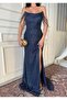 Navy Blue Beaded Strapless Evening Dress with Sleeve Detail - 5