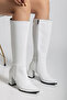 Women's White Zippered Knee High Heeled Boots