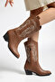 Cowboy Brown Leather Boots Women's Western Stitching Detailed Medium Thick Heeled - 3