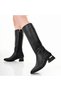 Women's Below Knee Black Boots with Zipper and Metal Detail, Short Thick Heels - 2