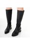 Women's Below Knee Black Boots with Zipper and Metal Detail, Short Thick Heels