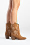 Noya Genuine Suede Embroidery Detailed Stylish Short Cowboy Tan Boots - 3