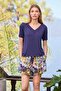 Women's Lace and Patterned Short Sleeve V-Neck Shorts Set 25052 - 4